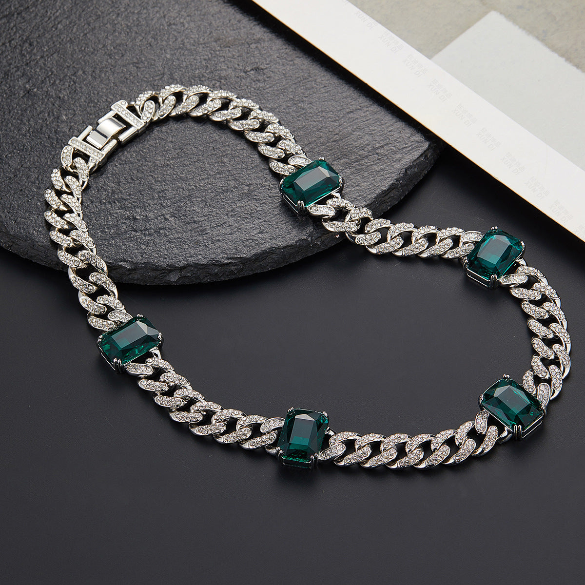 Wholesale Emerald Alloy Rhinestone Cuban Necklaces